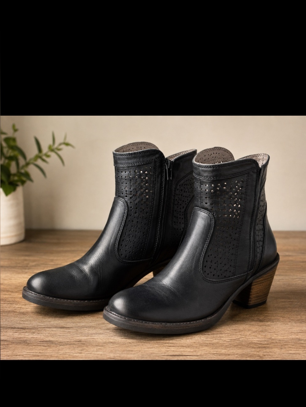 Bos & Co  Black Perforated Leather Ankle Boots with Block Heel